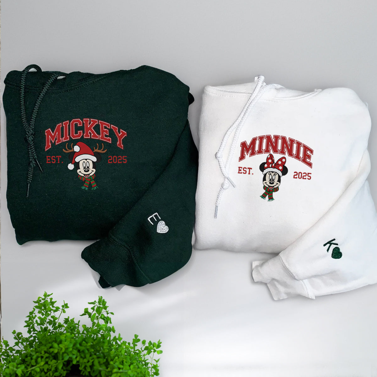 Custom Embroidered Sweet Mouse Cartoon Couple Holiday Sweatshirt, Warm Festive Season Hoodie Matching for Couples