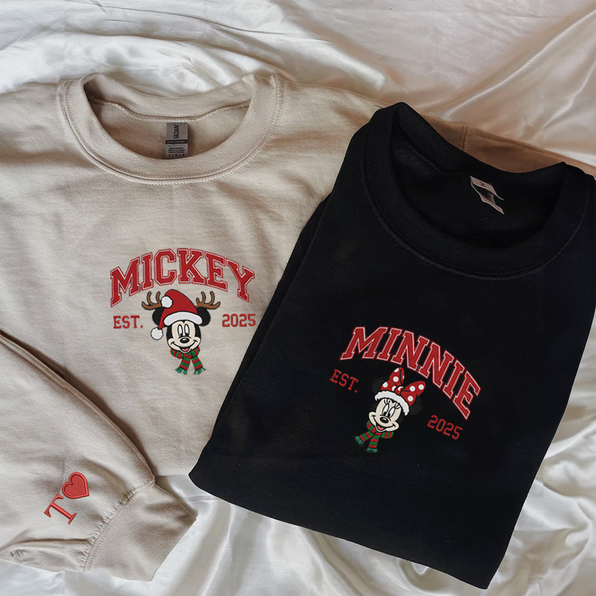 Custom Embroidered Sweet Mouse Cartoon Couple Holiday Sweatshirt, Warm Festive Season Hoodie Matching for Couples
