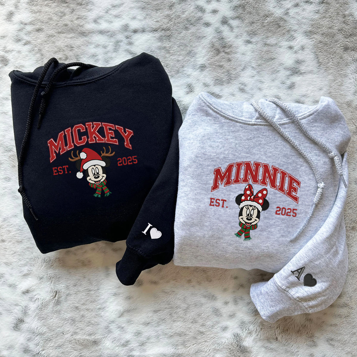 Custom Embroidered Sweet Mouse Cartoon Couple Holiday Sweatshirt, Warm Festive Season Hoodie Matching for Couples