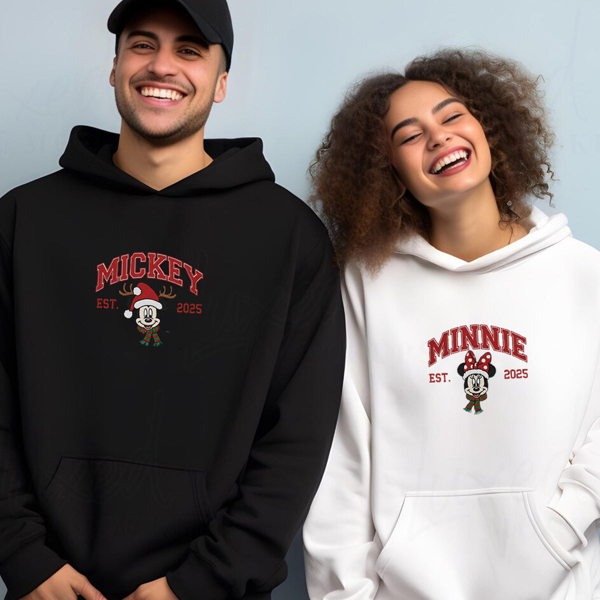 Custom Embroidered Sweet Mouse Cartoon Couple Holiday Sweatshirt, Warm Festive Season Hoodie Matching for Couples