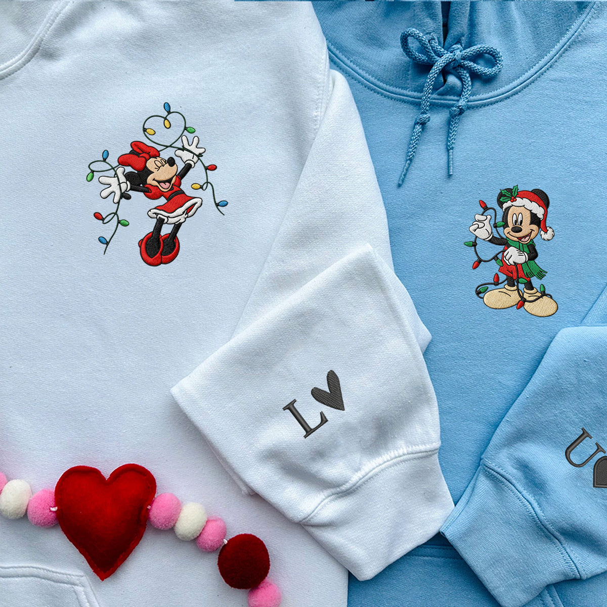 Custom Embroidered Sweet Mouse Couple Holiday Hoodie, Warm Christmas Lights Sweatshirt Matching for Couples