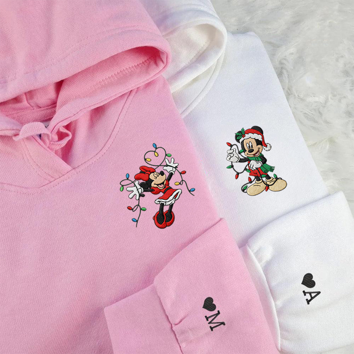 Custom Embroidered Sweet Mouse Couple Holiday Hoodie, Warm Christmas Lights Sweatshirt Matching for Couples
