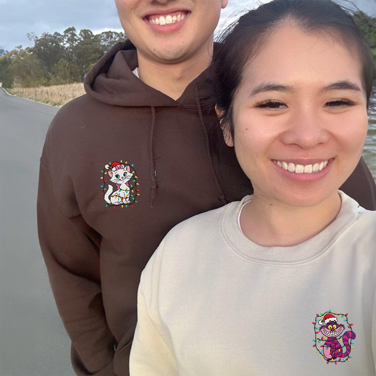 Custom Embroidered Sweet White Cat and Smiling Striped Kitty Christmas Hoodie, Warm Festive Outfit Matching for Couples