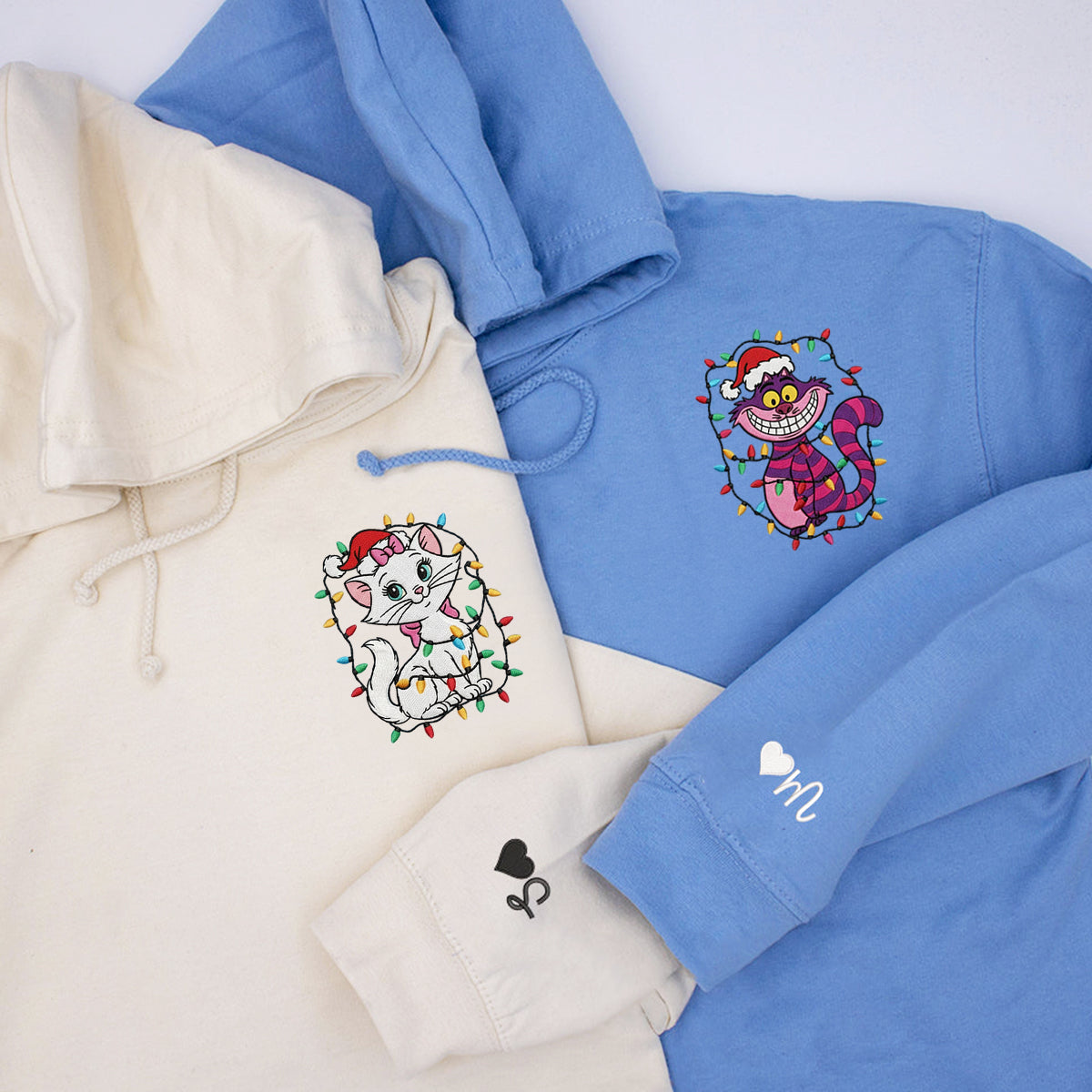 Custom Embroidered Sweet White Cat and Smiling Striped Kitty Christmas Hoodie, Warm Festive Outfit Matching for Couples