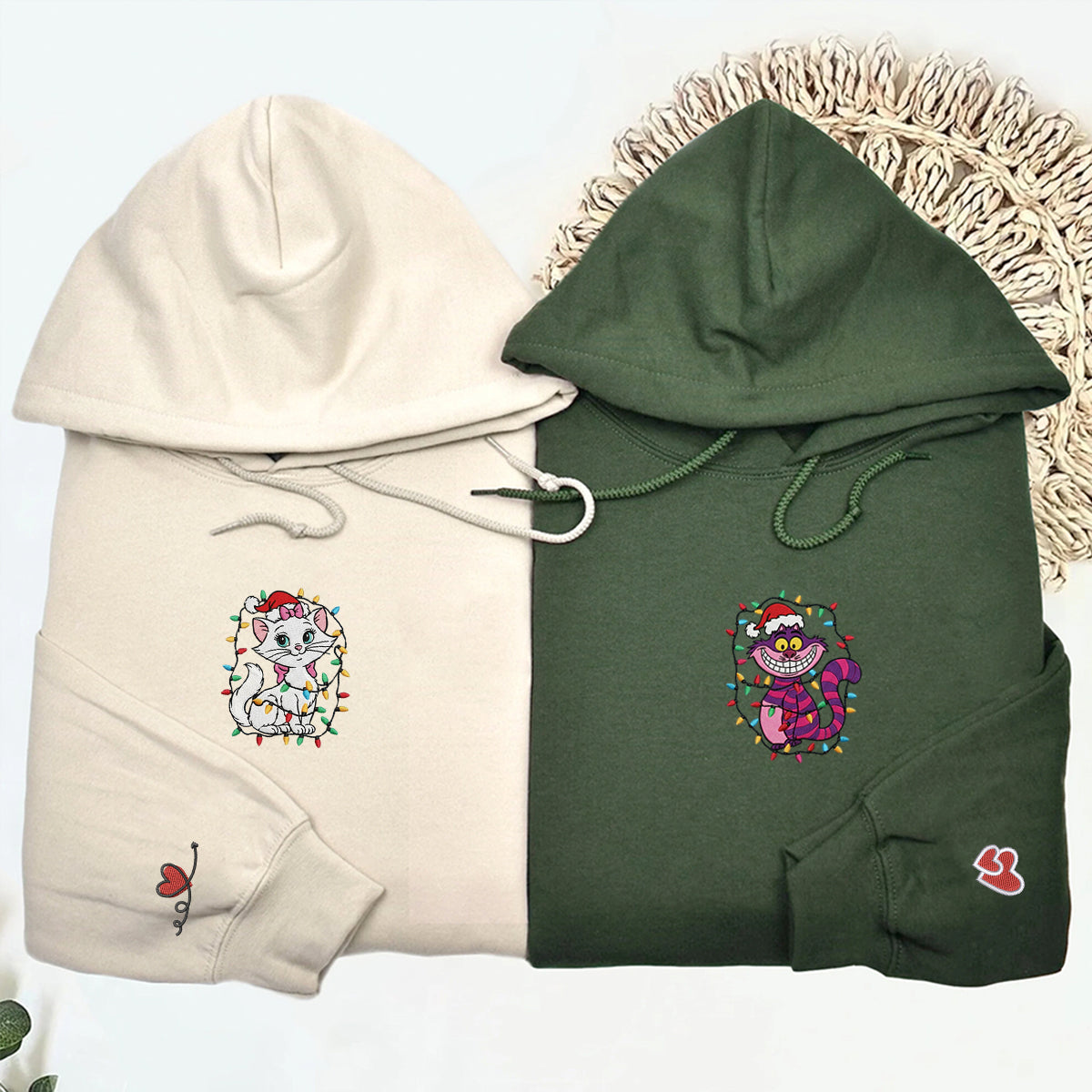 Custom Embroidered Sweet White Cat and Smiling Striped Kitty Christmas Hoodie, Warm Festive Outfit Matching for Couples