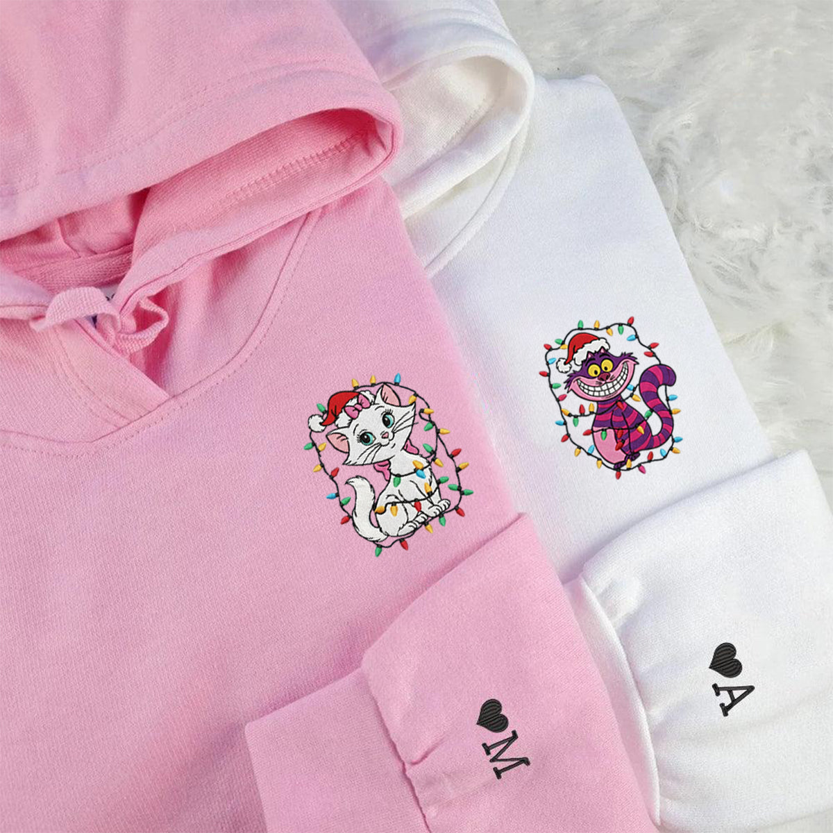 Custom Embroidered Sweet White Cat and Smiling Striped Kitty Christmas Hoodie, Warm Festive Outfit Matching for Couples