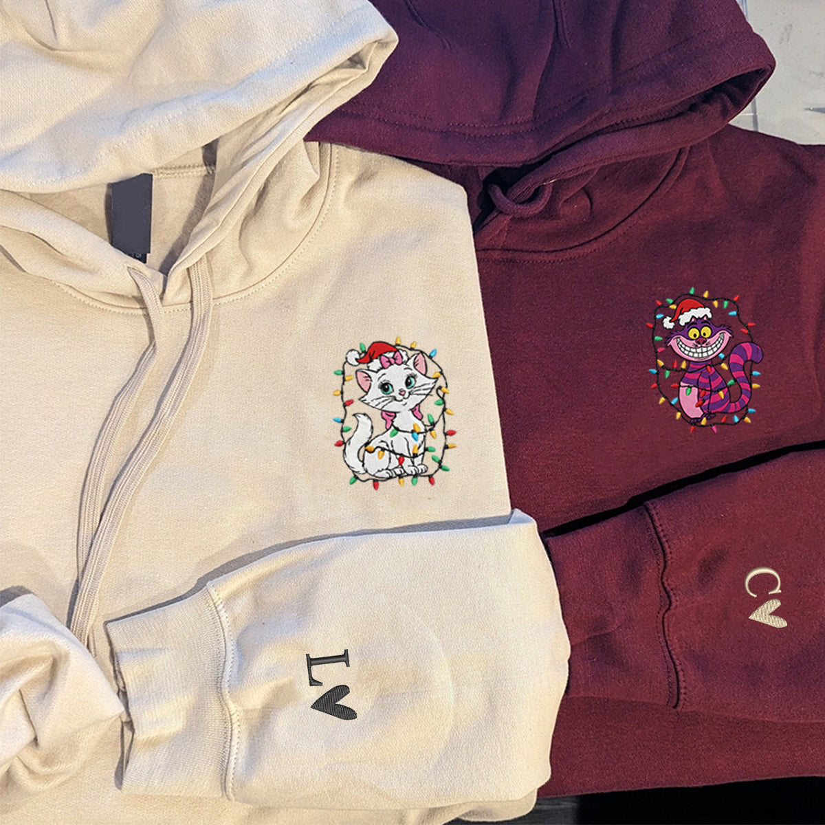 Custom Embroidered Sweet White Cat and Smiling Striped Kitty Christmas Hoodie, Warm Festive Outfit Matching for Couples