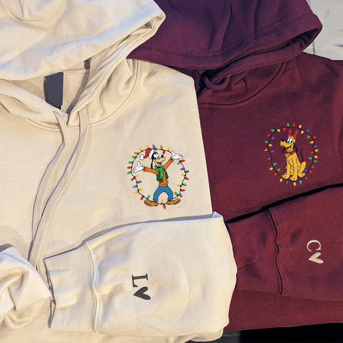 Custom Embroidered Tall Cartoon Dog and Festive Pup Holiday Crewneck, Cute Xmas Lights Matching for Couples