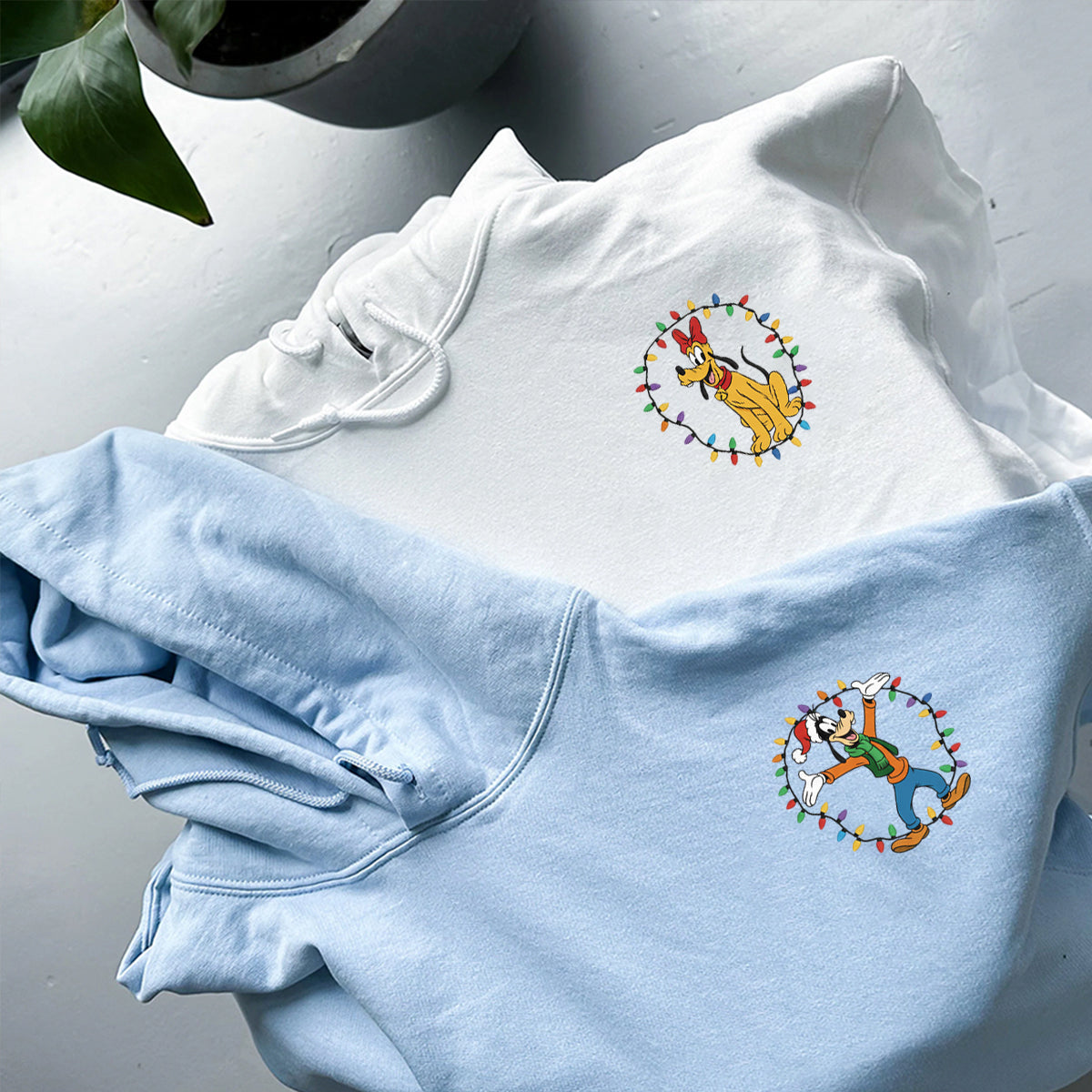 Custom Embroidered Tall Cartoon Dog and Festive Pup Holiday Crewneck, Cute Xmas Lights Matching for Couples