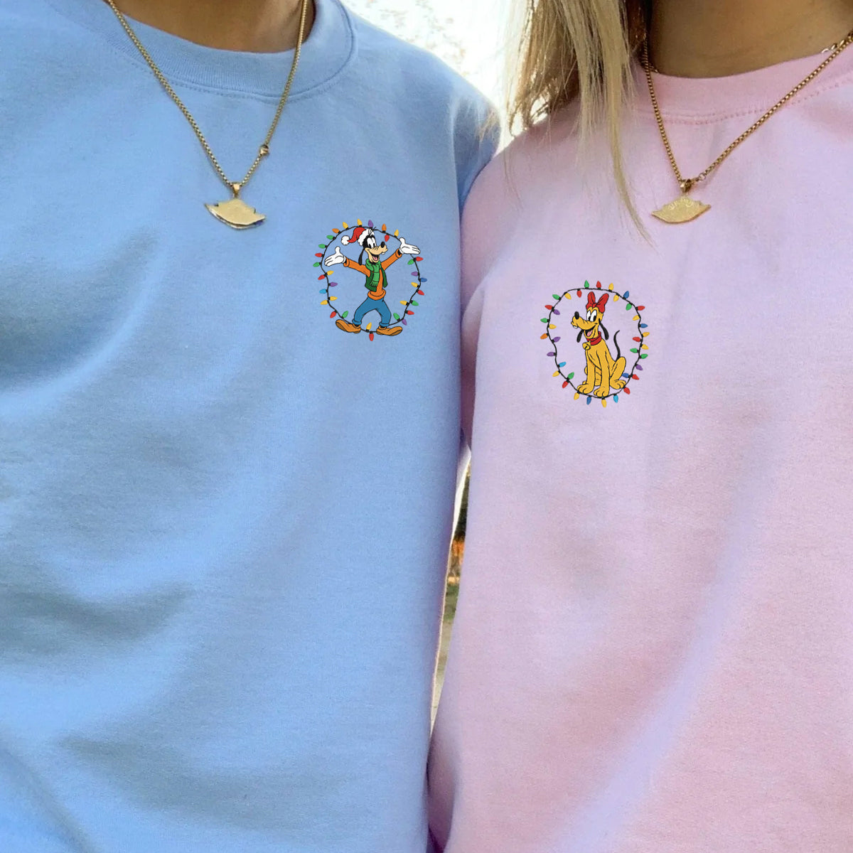 Custom Embroidered Tall Cartoon Dog and Festive Pup Holiday Crewneck, Cute Xmas Lights Matching for Couples