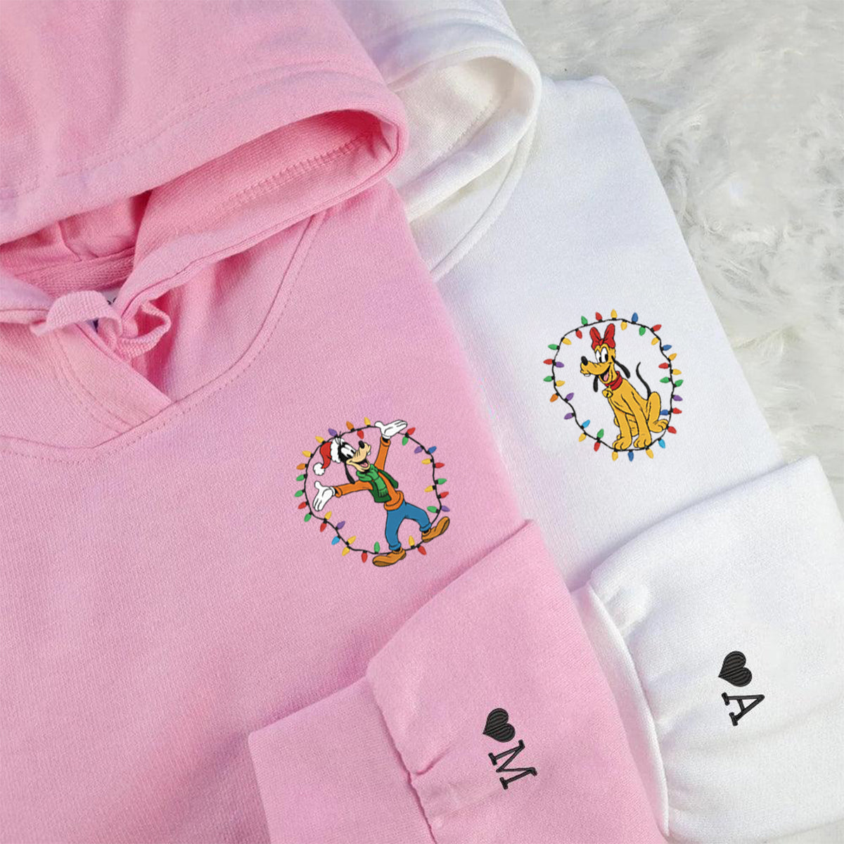 Custom Embroidered Tall Cartoon Dog and Festive Pup Holiday Crewneck, Cute Xmas Lights Matching for Couples