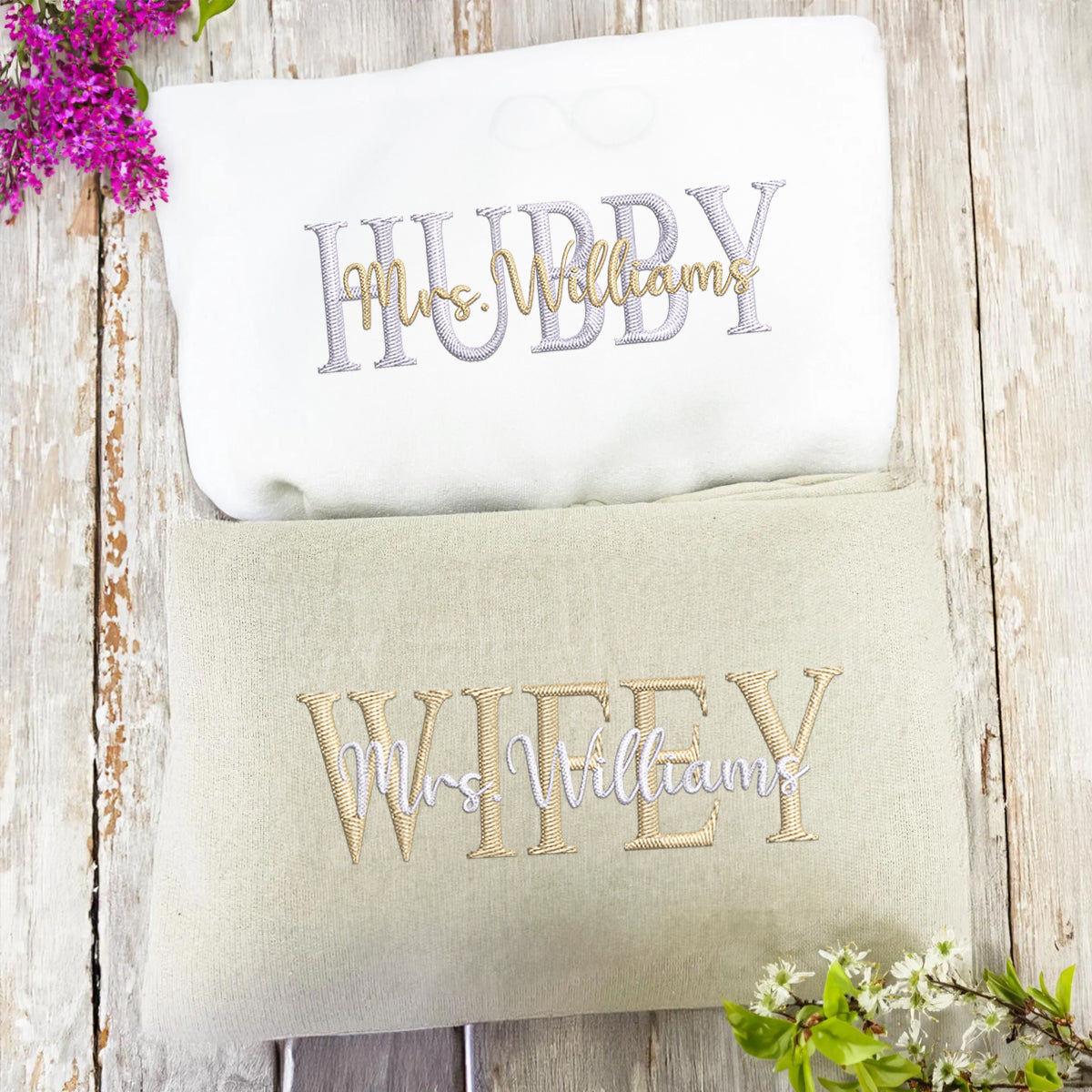 Custom Embroidered Wifey Hubby Date On Sleeve Anniversary Sweatshirt Hoodies