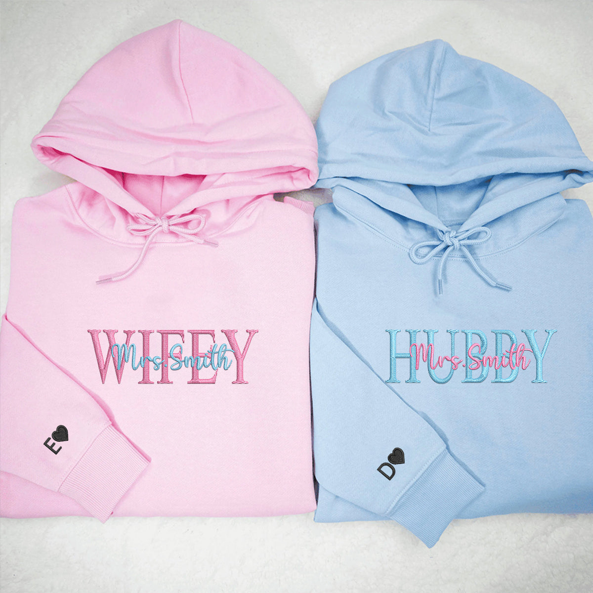 Custom Embroidered Wifey Hubby Date On Sleeve Anniversary Sweatshirt Hoodies