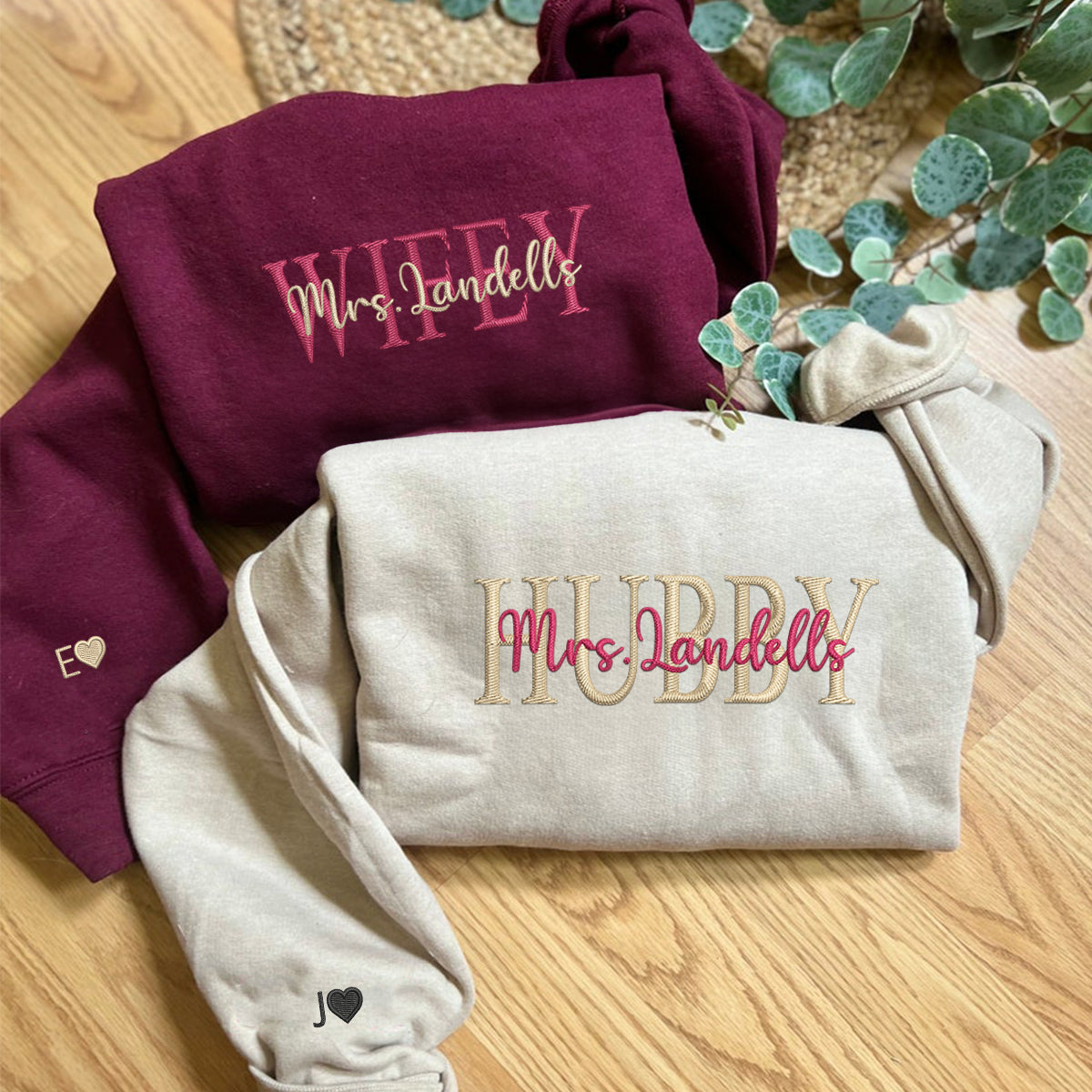 Custom Embroidered Wifey Hubby Date On Sleeve Anniversary Sweatshirt Hoodies