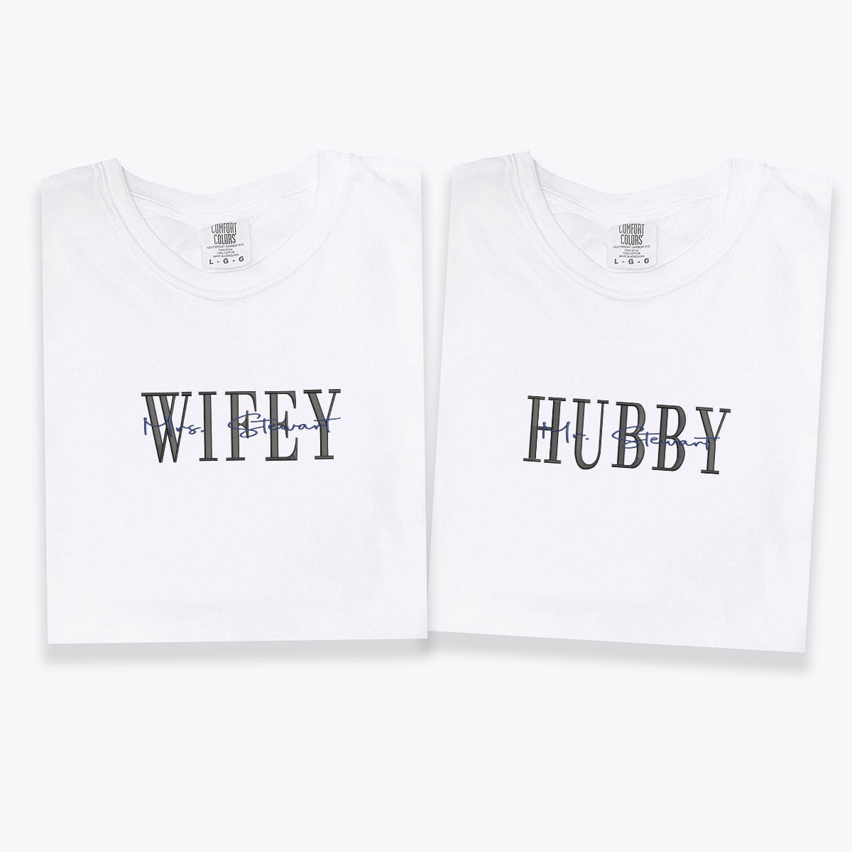 Custom Embroidered Wifey Hubby Date On Sleeve Anniversary T-shirts for Couples