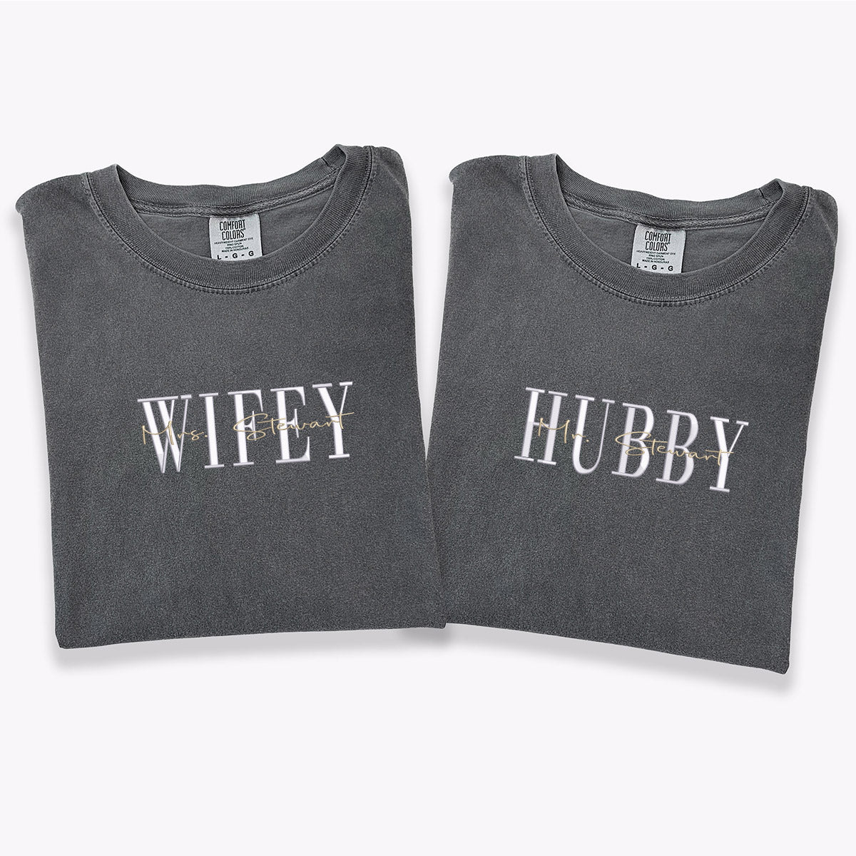 Custom Embroidered Wifey Hubby Date On Sleeve Anniversary T-shirts for Couples