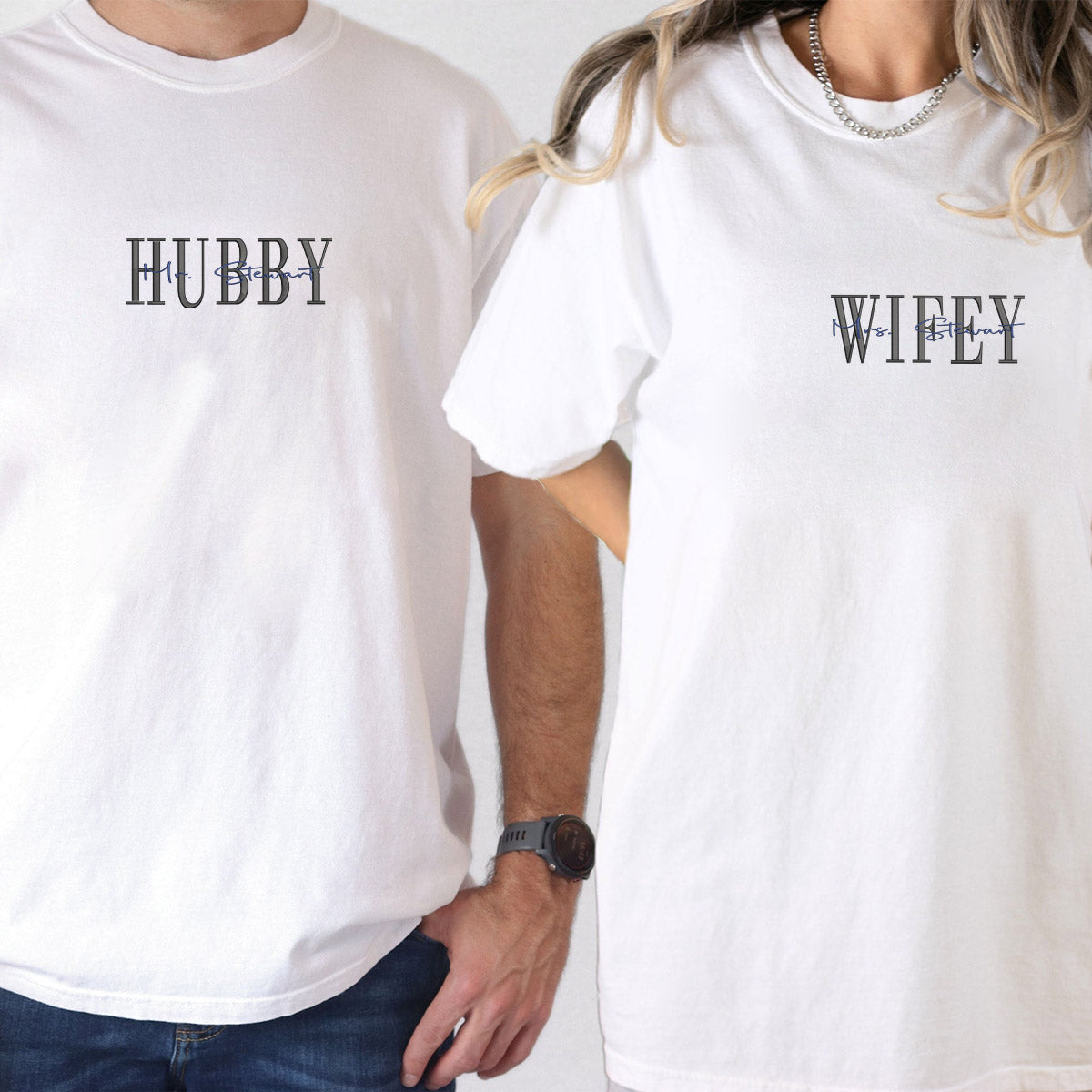 Custom Embroidered Wifey Hubby Date On Sleeve Anniversary T-shirts for Couples