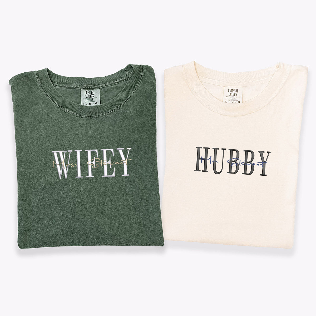 Custom Embroidered Wifey Hubby Date On Sleeve Anniversary T-shirts for Couples