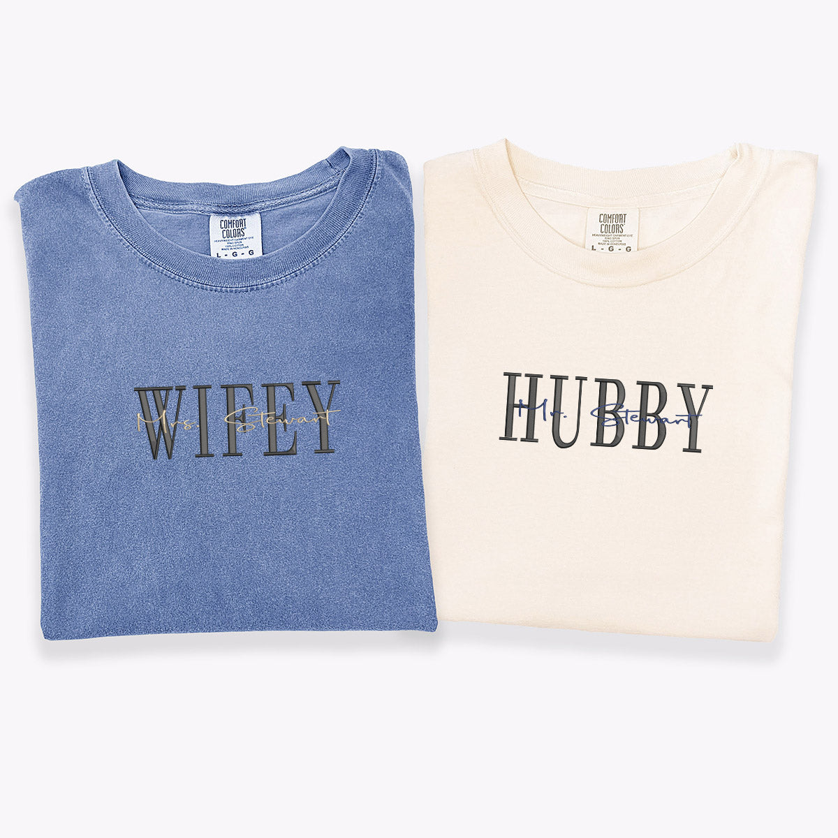 Custom Embroidered Wifey Hubby Date On Sleeve Anniversary T-shirts for Couples