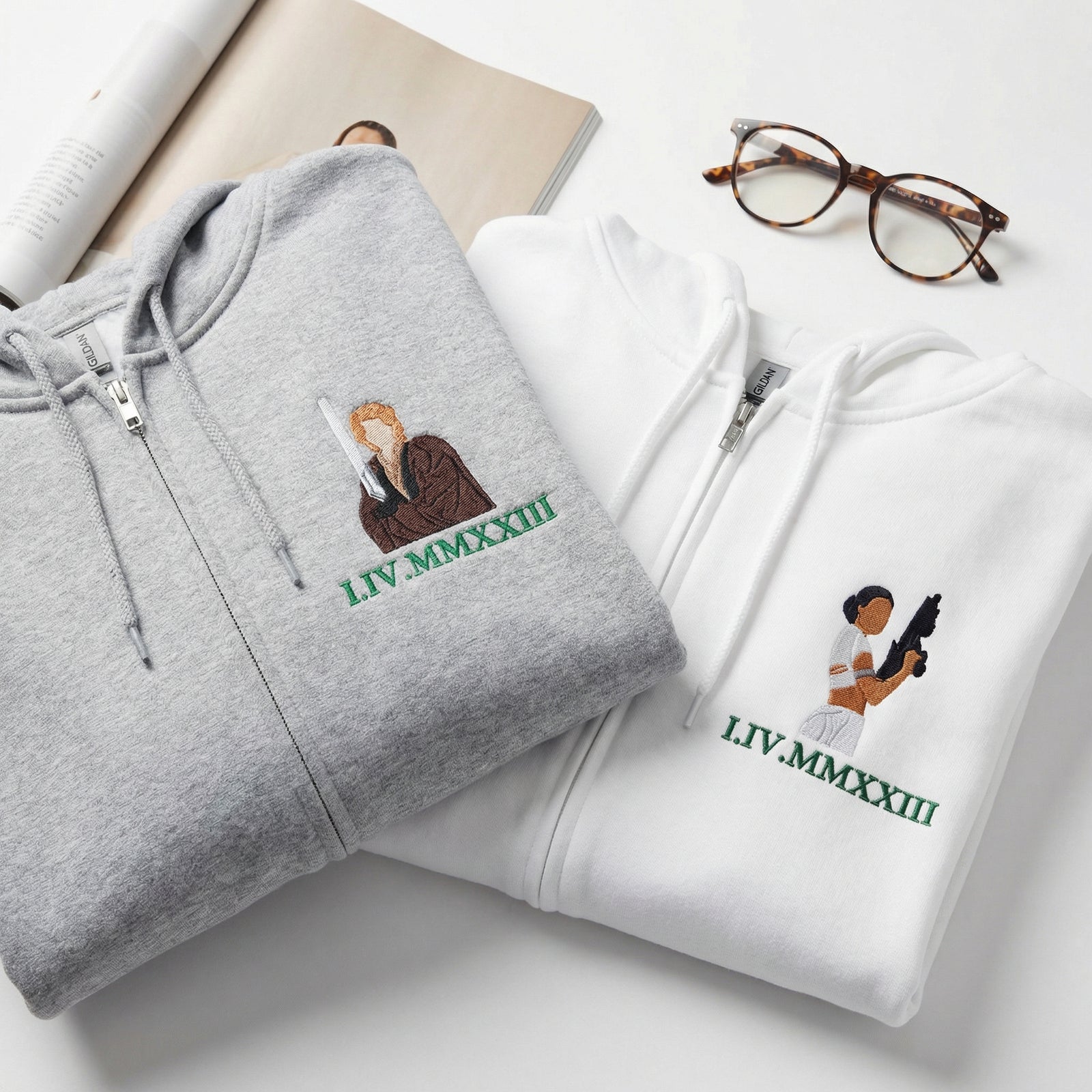 Custom Embroidery Couple Quarter Zip Sweatshirts - Cute Galaxy Romance Matching Full-Zip Hoodie