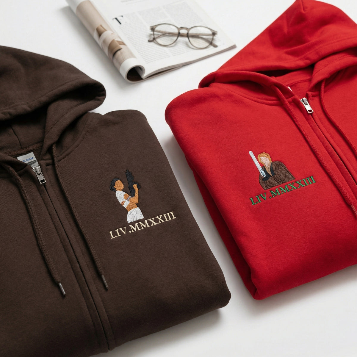 Custom Embroidery Couple Quarter Zip Sweatshirts - Cute Galaxy Romance Matching Full-Zip Hoodie