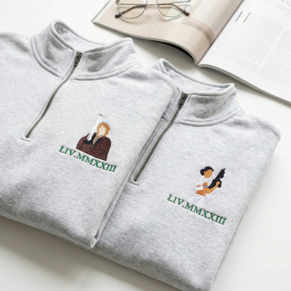 Custom Embroidery Couple Quarter Zip Sweatshirts - Cute Galaxy Romance Matching Full-Zip Hoodie