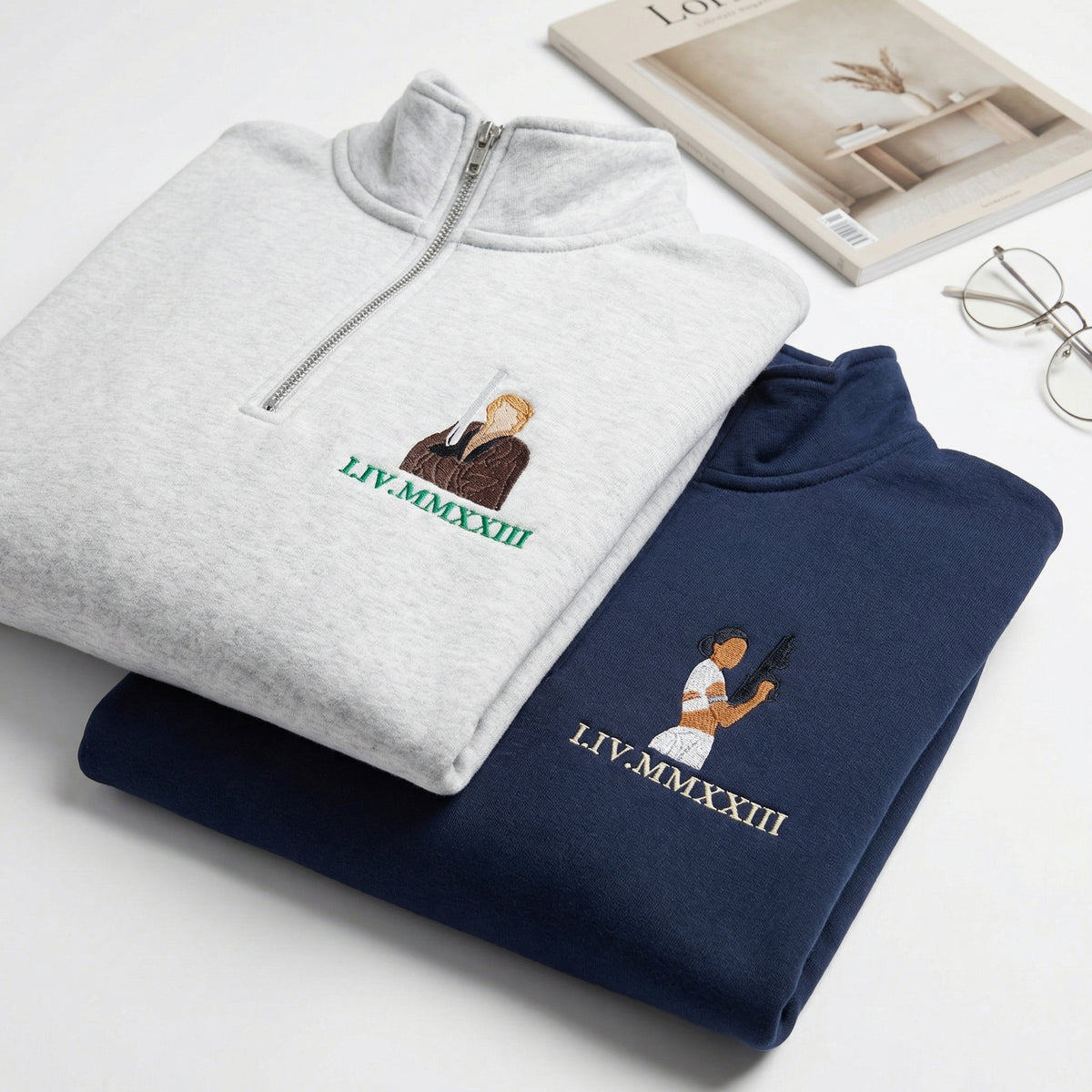 Custom Embroidery Couple Quarter Zip Sweatshirts - Cute Galaxy Romance Matching Full-Zip Hoodie