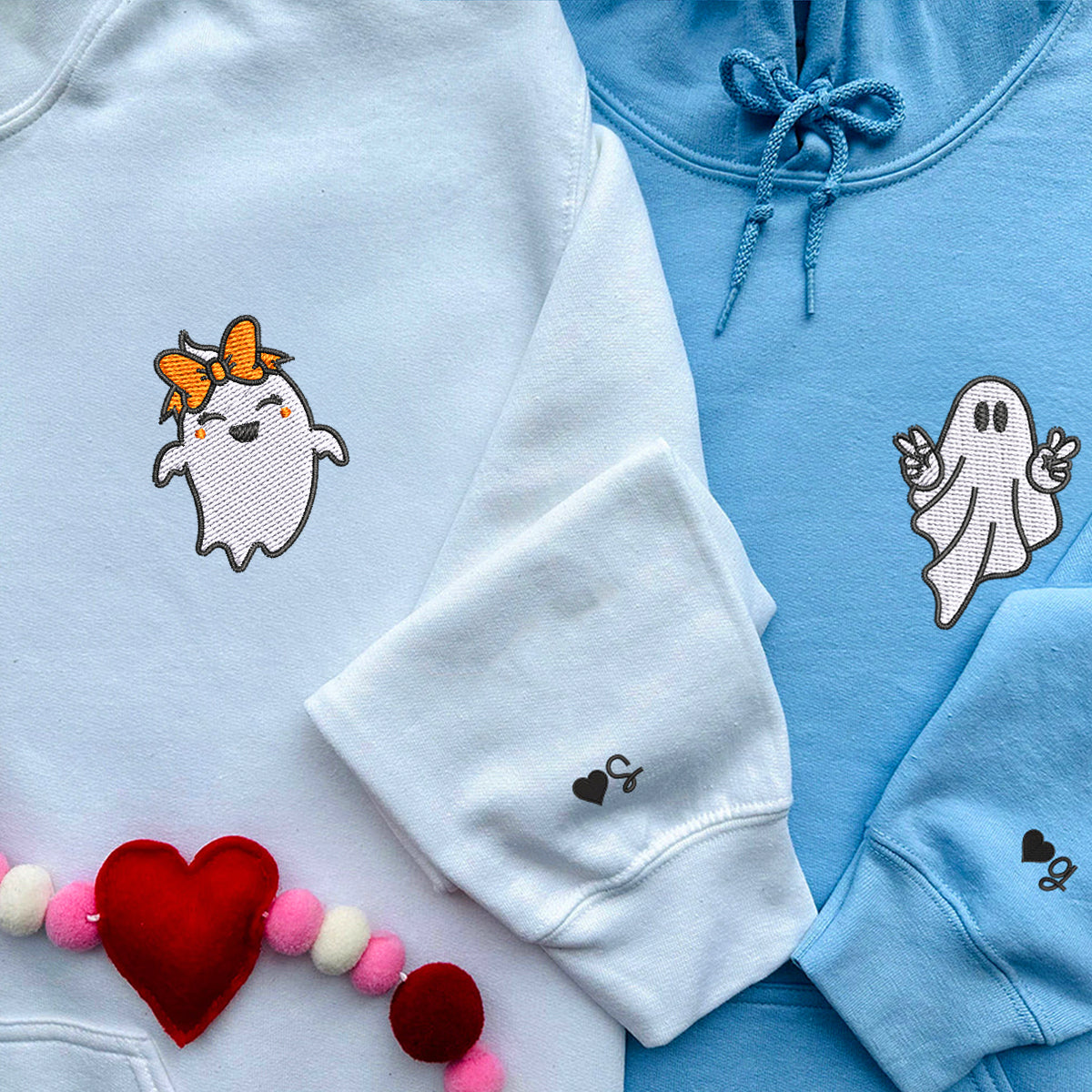 Custom Halloween Embroidered Hoodies For Couples, Custom Embroidered Ghost Spooky Season Couples Embroidered Hoodies V1