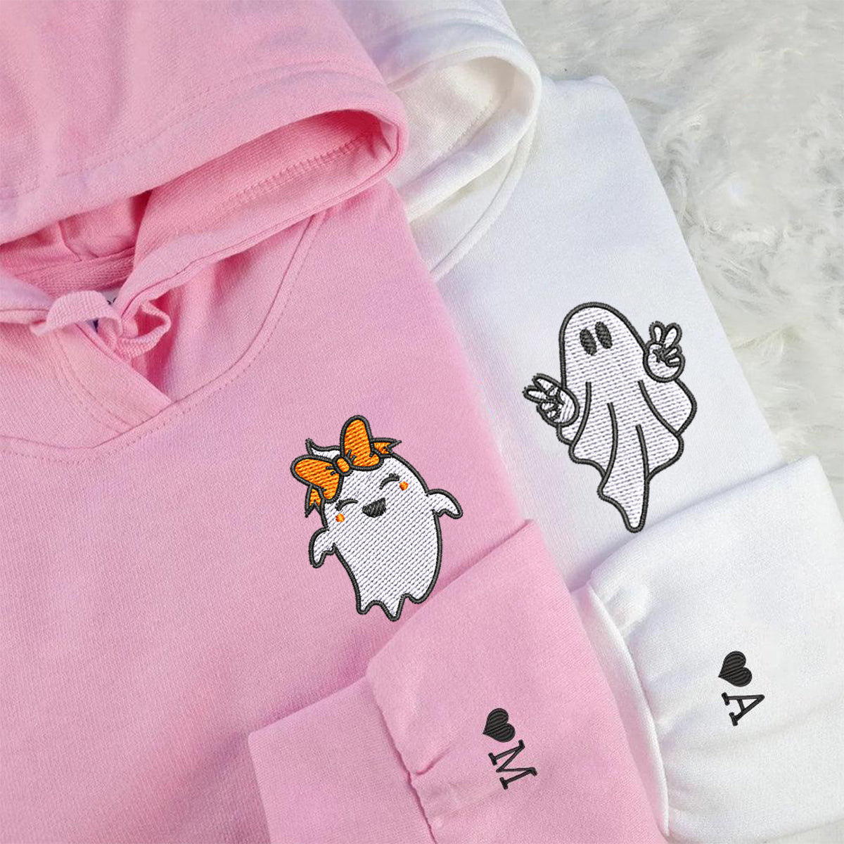 Custom Halloween Embroidered Hoodies For Couples, Custom Embroidered Ghost Spooky Season Couples Embroidered Hoodies V1