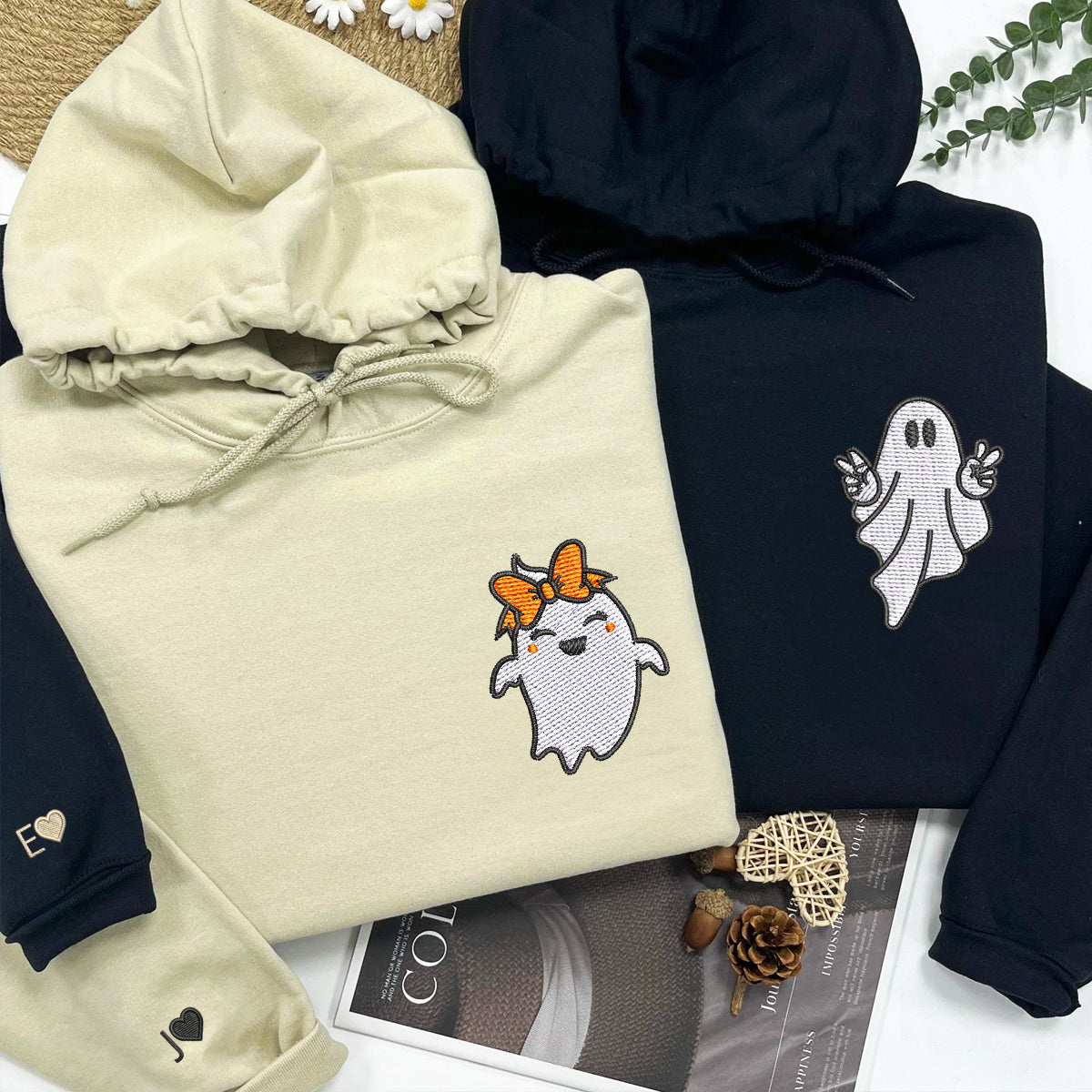 Custom Halloween Embroidered Hoodies For Couples, Custom Embroidered Ghost Spooky Season Couples Embroidered Hoodies V1