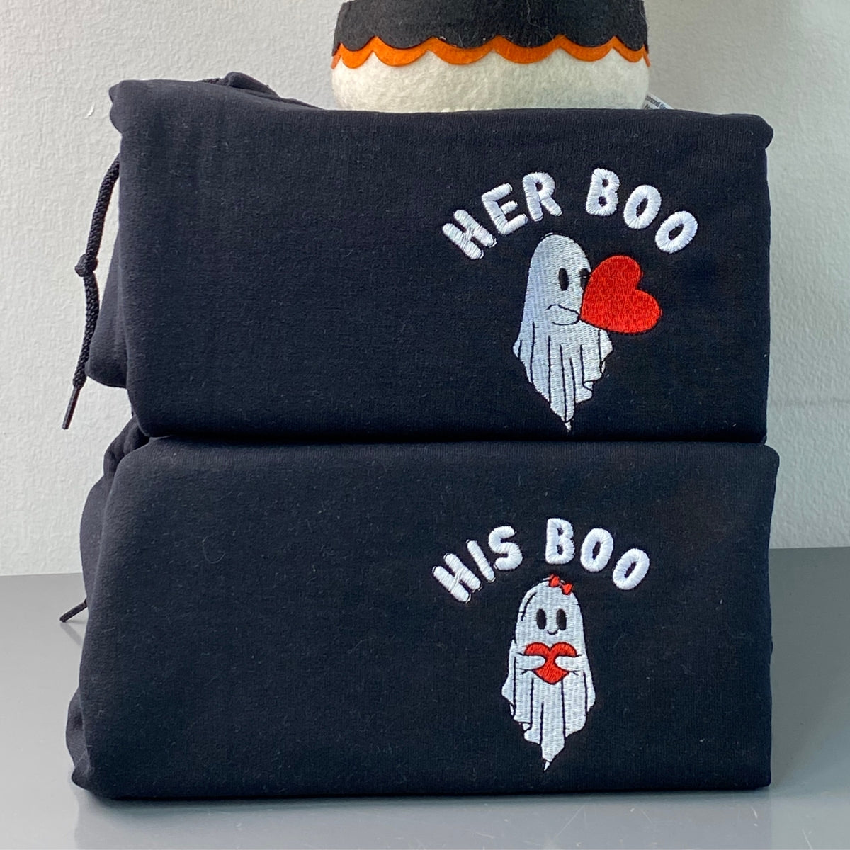 Custom Halloween Embroidered Sweatshirts For Couples, Custom Matching Couple Hoodies, Ghost Her His Boo Couples Embroidered Matching Sweater
