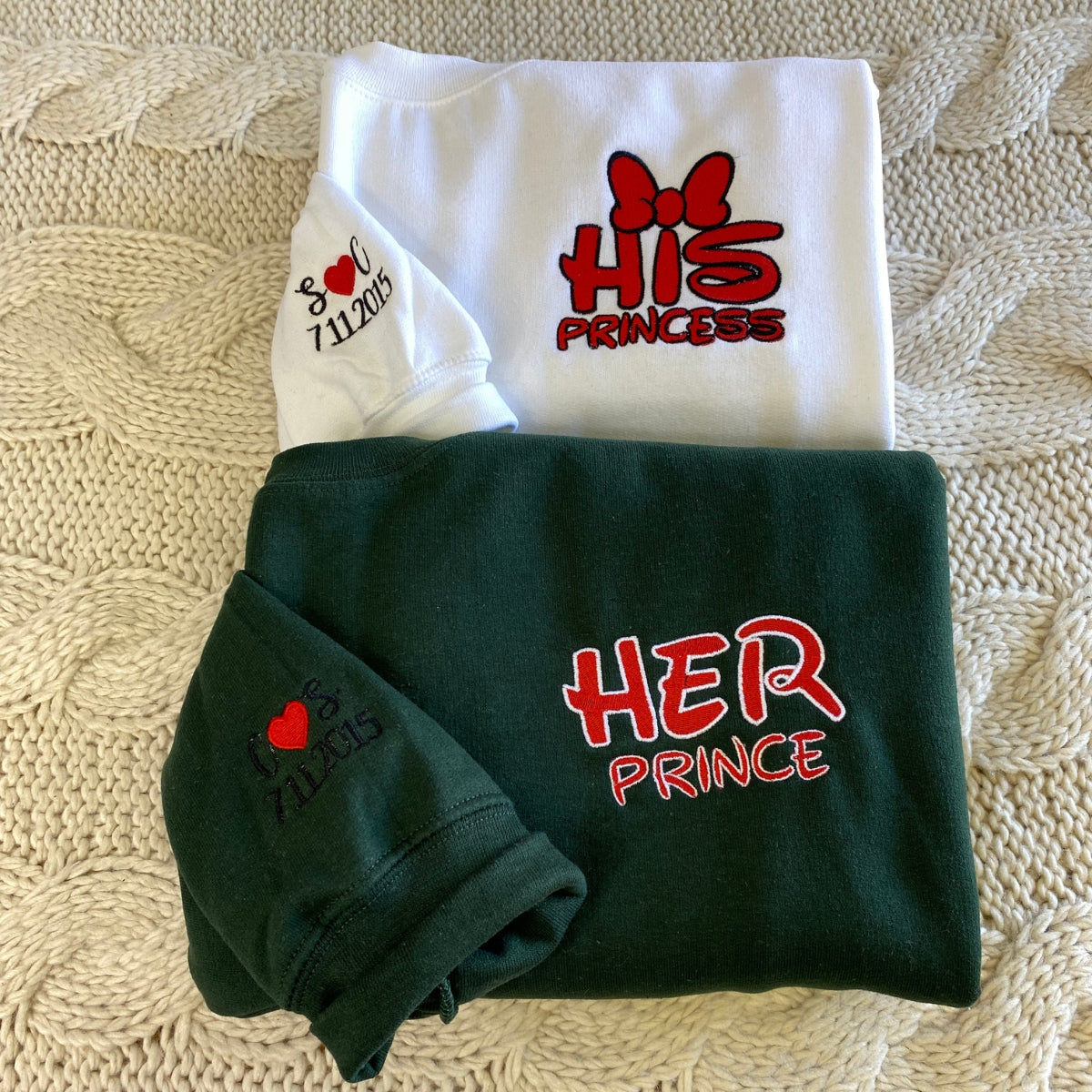 Custom Embroidered Sweatshirts For Couples, Custom Matching Couple Sweatshirt, Her Prince His Princess Couples Embroidered Sweater