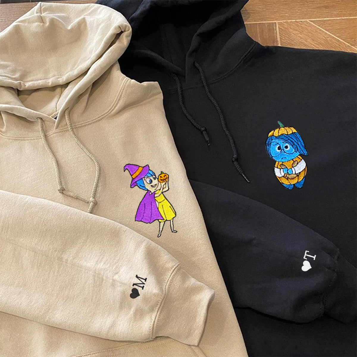 Custom Matching Couple Halloween Hoodies with Cute Emotion Characters Embroidery