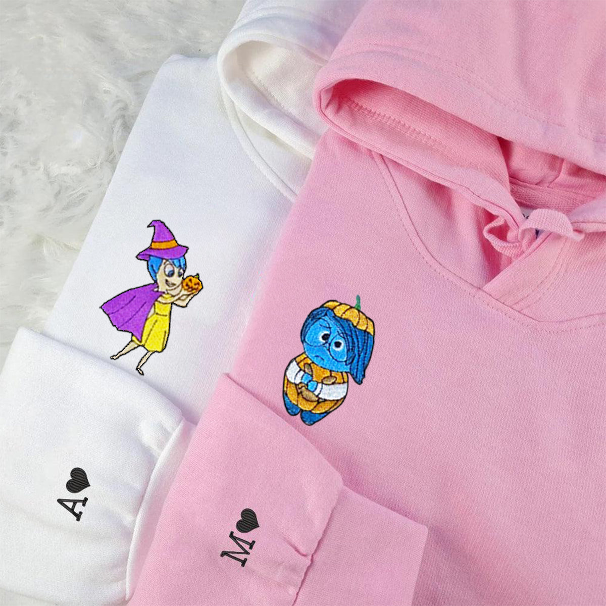 Custom Matching Couple Halloween Hoodies with Cute Emotion Characters Embroidery