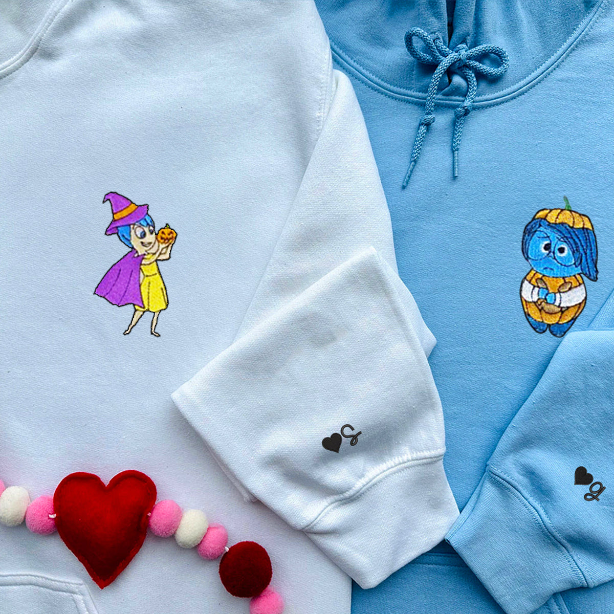Custom Matching Couple Halloween Hoodies with Cute Emotion Characters Embroidery