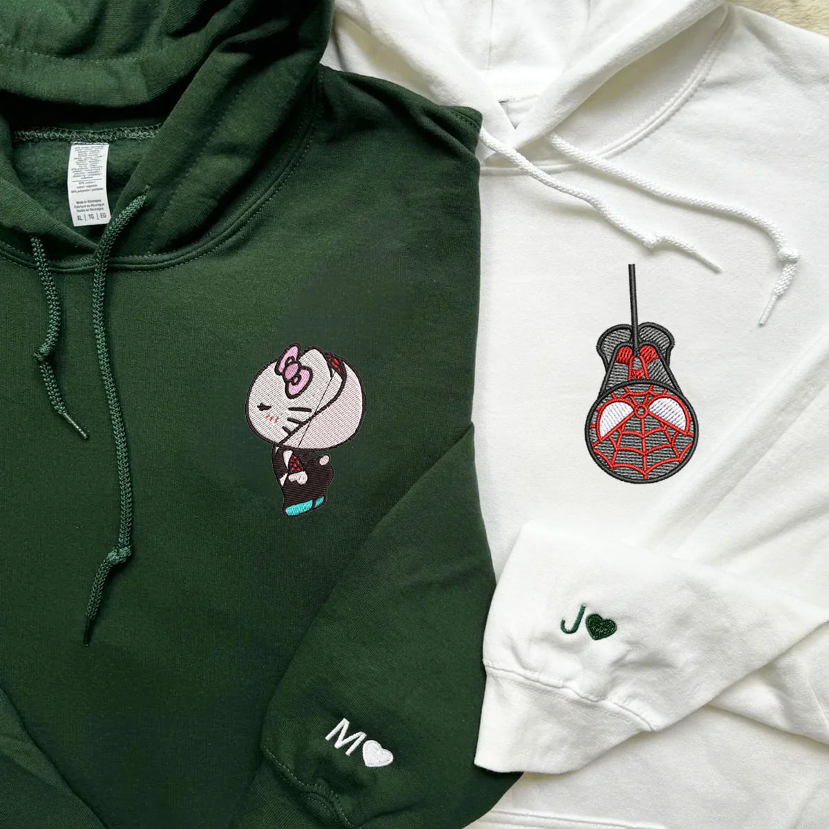 Custom Embroidered Hoodies For Couples, Custom Matching Couple Hoodie, Spider Miles x Kitten Gwen Couples Embroidered Hoodie V1