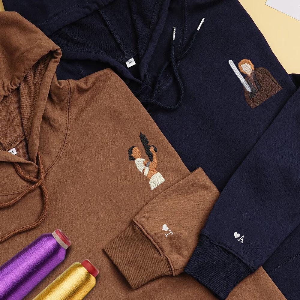 Custom Matching Couple Hoodies, Embroidered Space Duo Hoodie, Cute Romantic Galaxy Couple Design