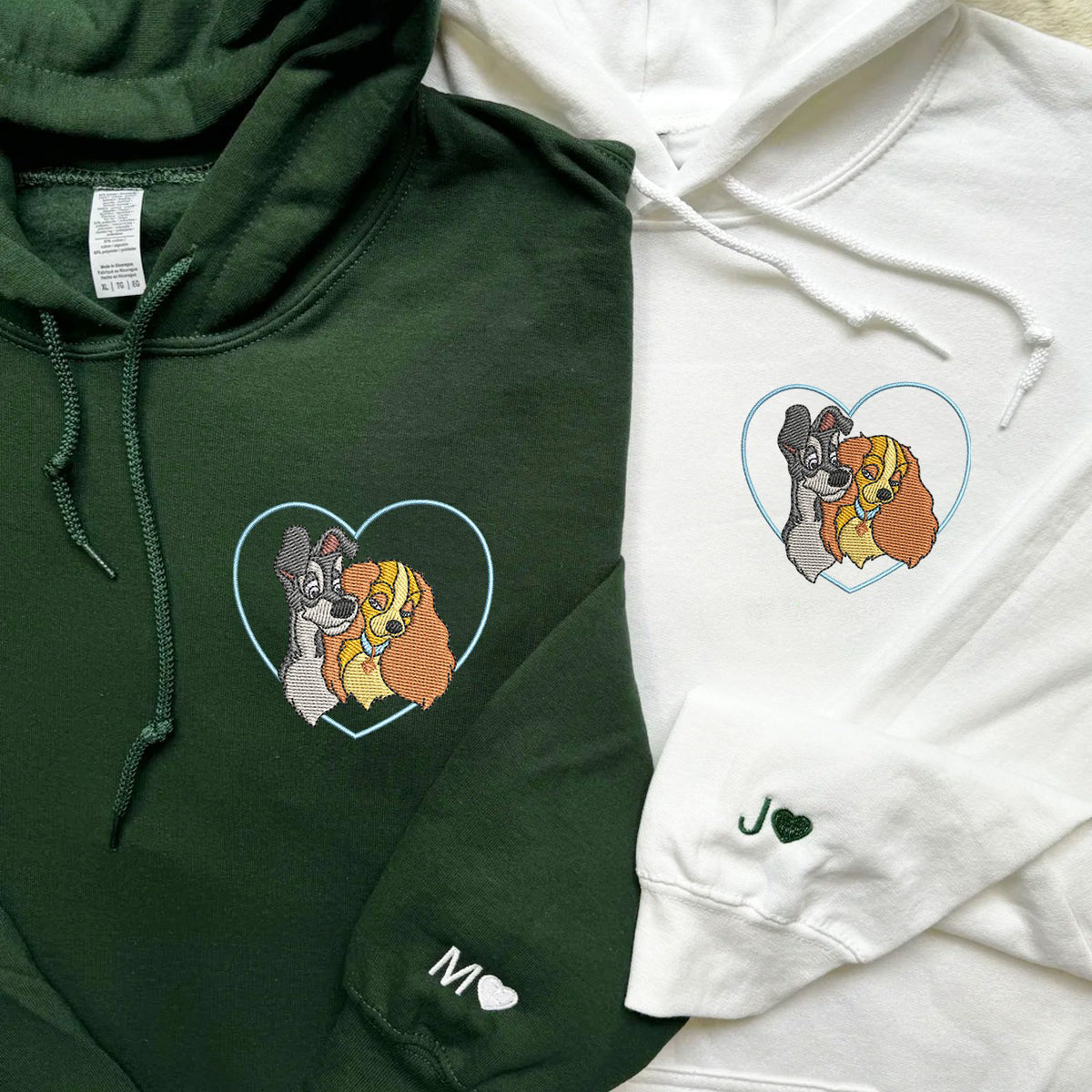 Custom Matching Couple Hoodies, Sweet Cartoon Dog Duo Embroidery, Anniversary Gift Outfit