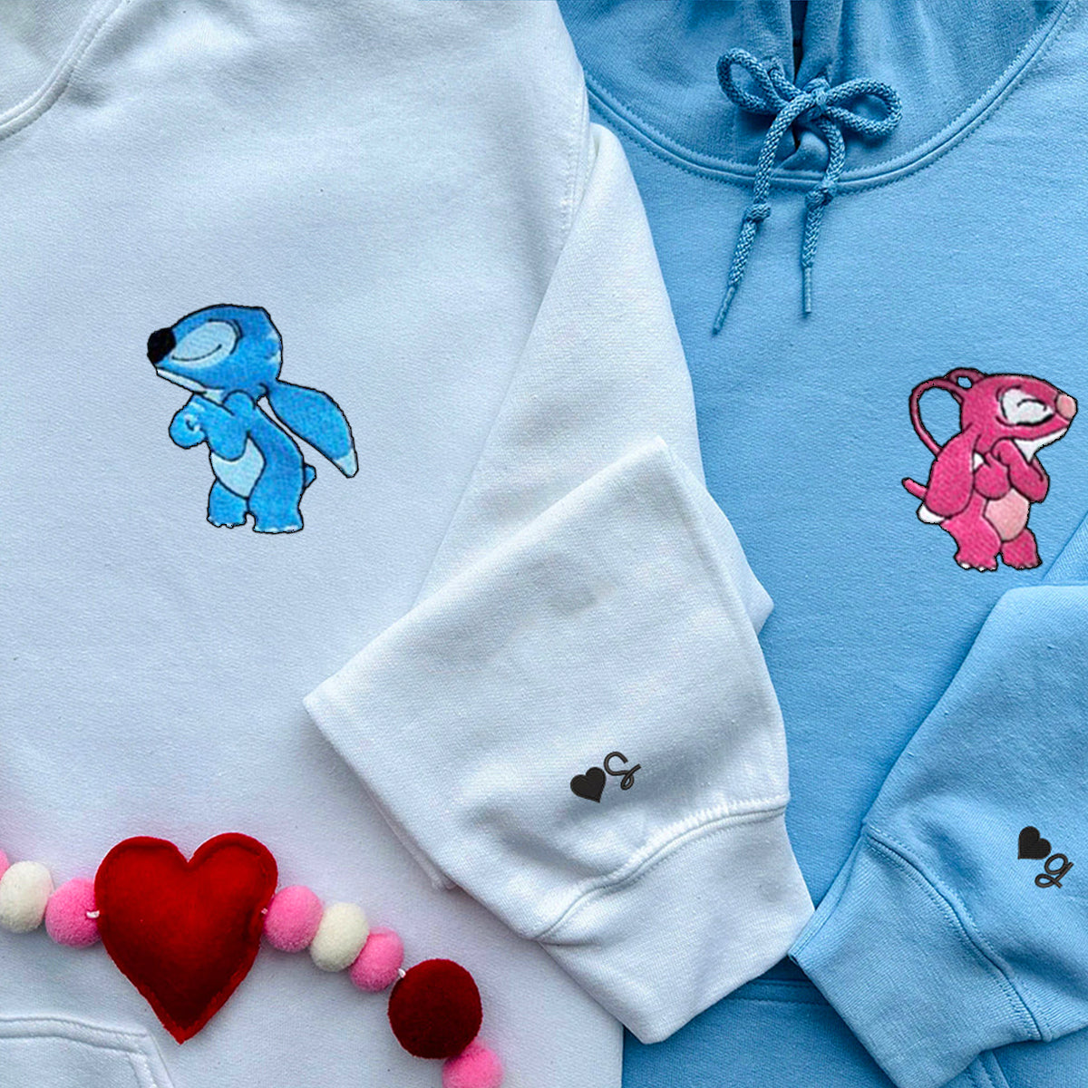 Custom Matching Couple Hoodies with Angry Cute Alien Love Embroidery