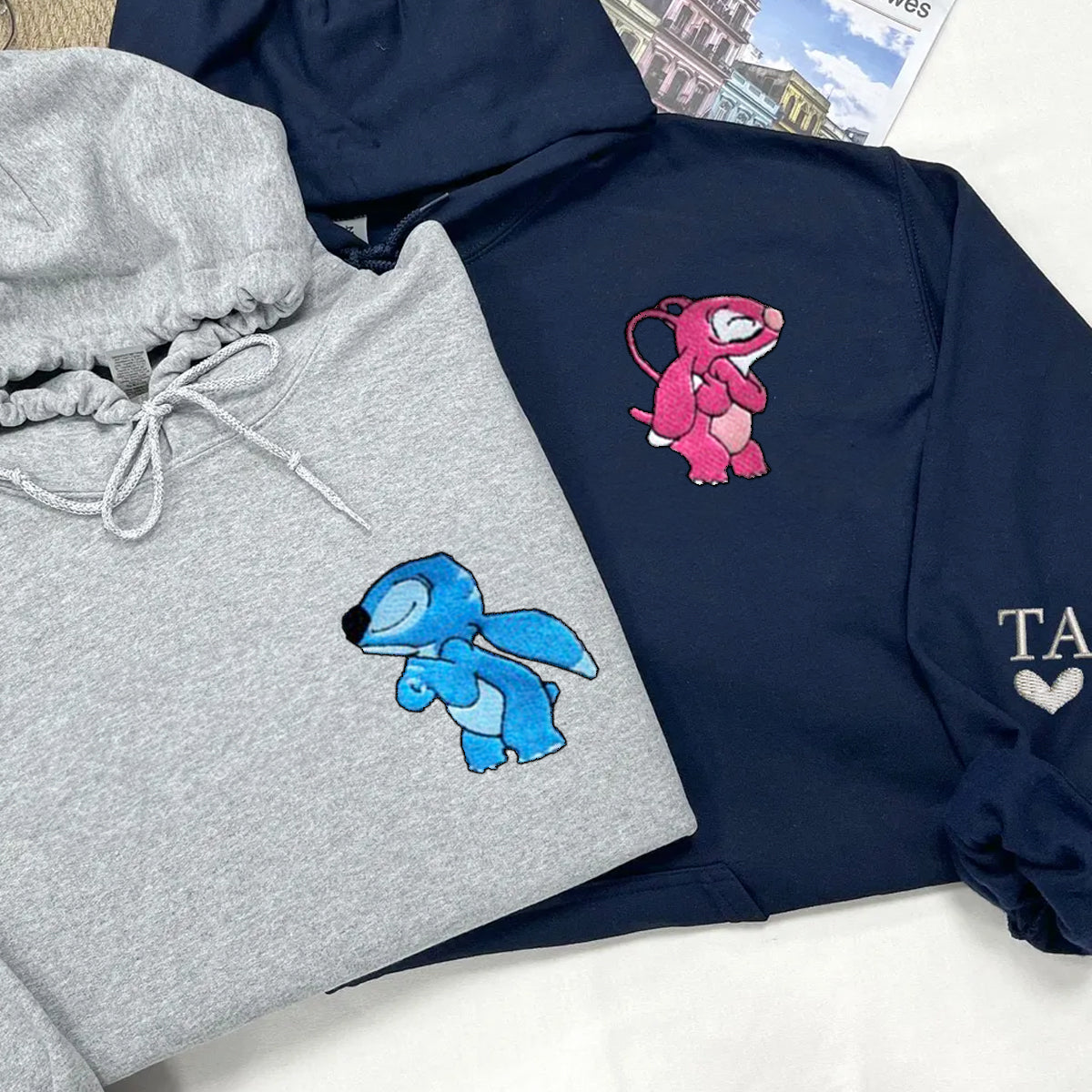 Custom Matching Couple Hoodies with Angry Cute Alien Love Embroidery