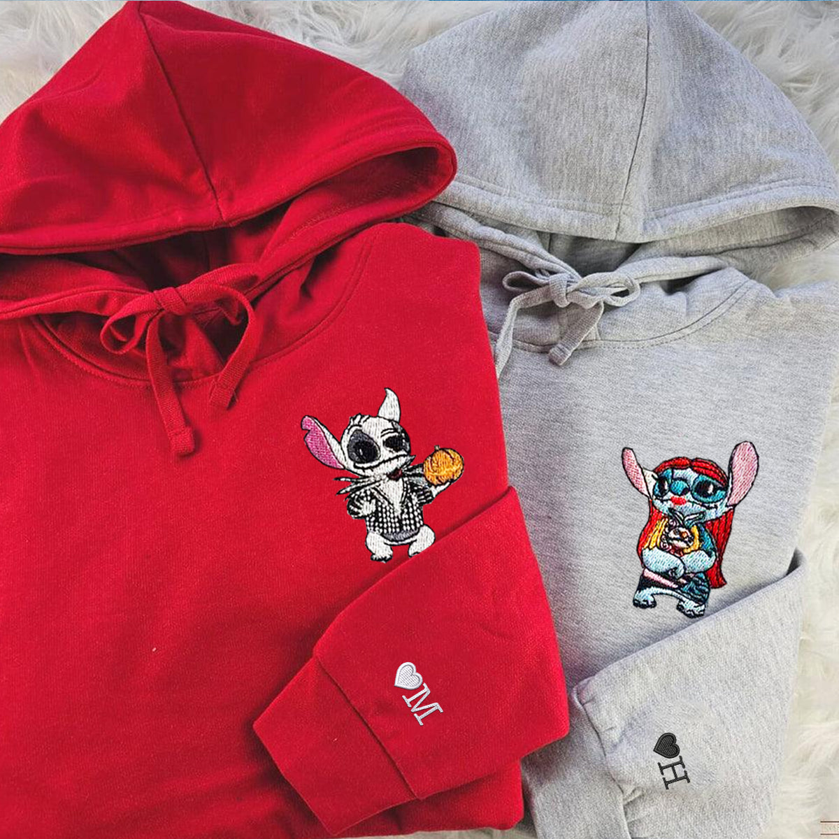 Custom Matching Couple Hoodies with Cute Alien Halloween Embroidery