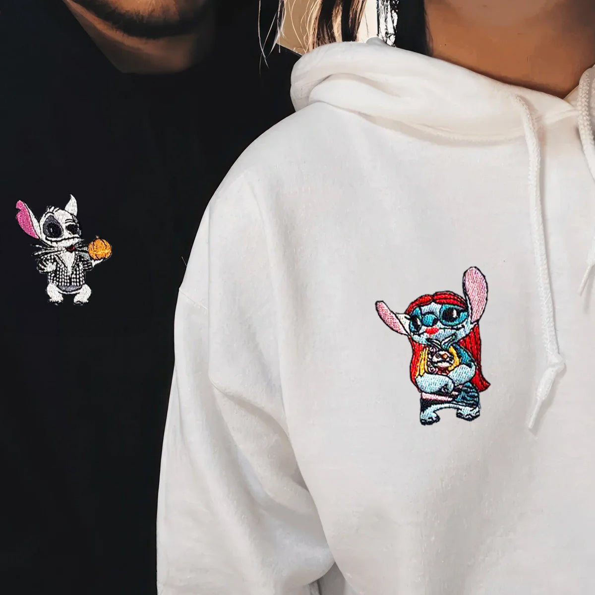 Custom Matching Couple Hoodies with Cute Alien Halloween Embroidery