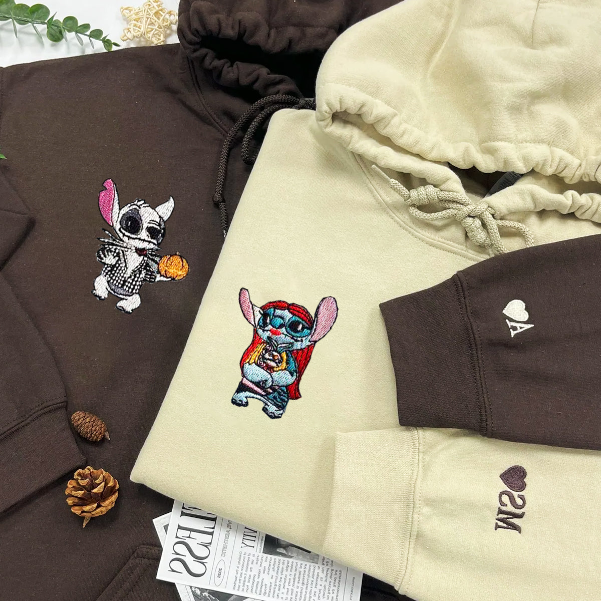 Custom Matching Couple Hoodies with Cute Alien Halloween Embroidery