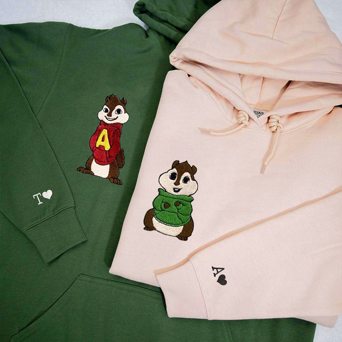 Custom Matching Couple Hoodies with Cute Chipmunk Lovers Embroidery
