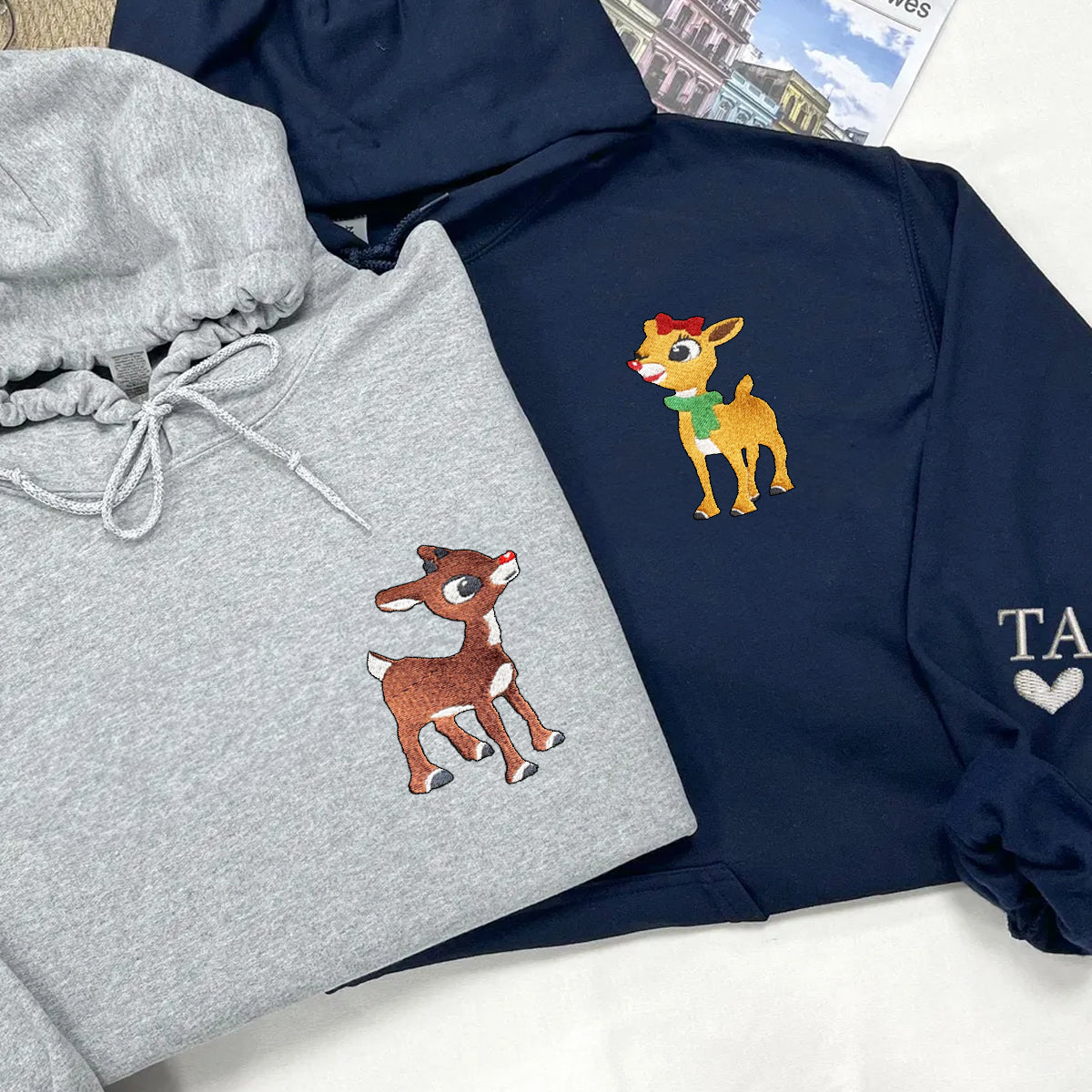 Custom Matching Couple Hoodies with Cute Christmas Deer Embroidery