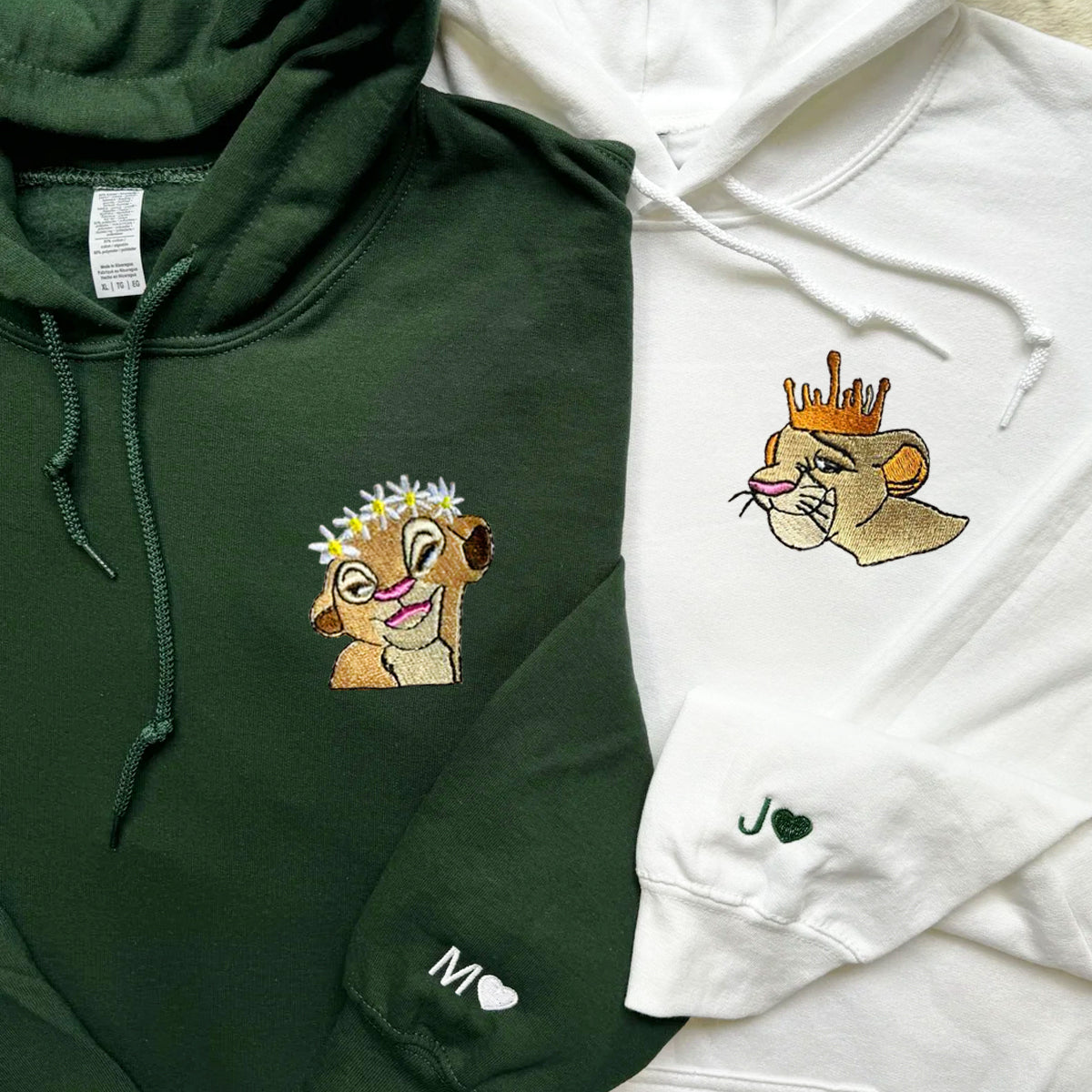 Custom Matching Couple Hoodies with Cute Lion Couple Embroidery