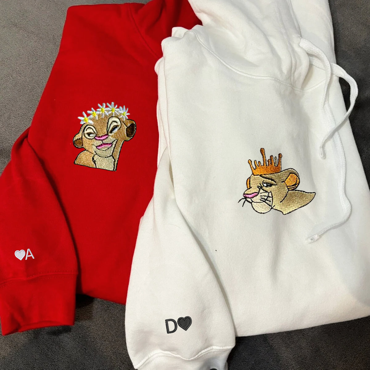 Custom Matching Couple Hoodies with Cute Lion Couple Embroidery