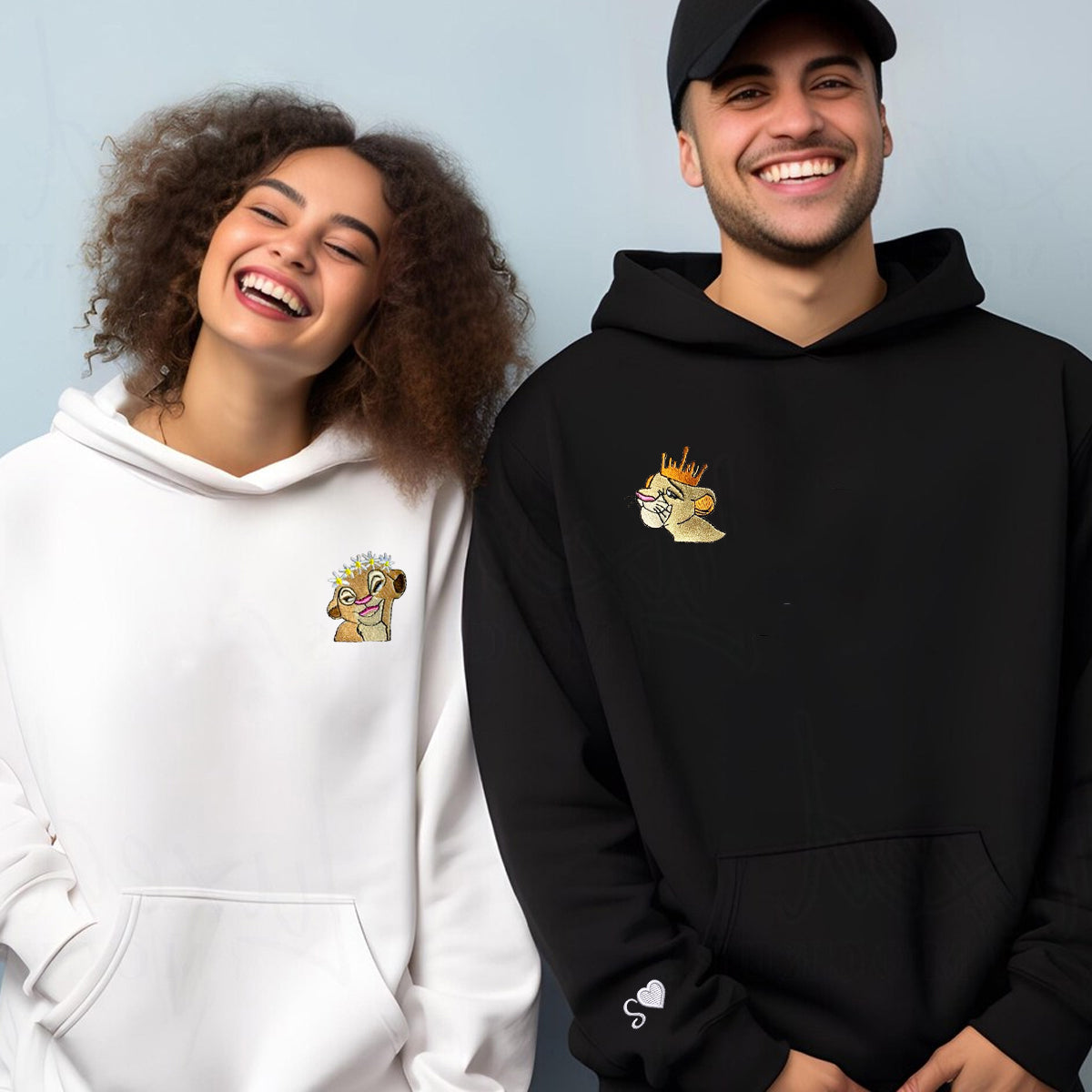 Custom Matching Couple Hoodies with Cute Lion Couple Embroidery