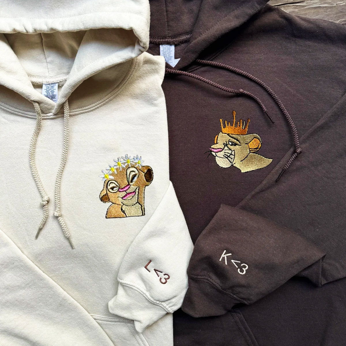 Custom Matching Couple Hoodies with Cute Lion Couple Embroidery