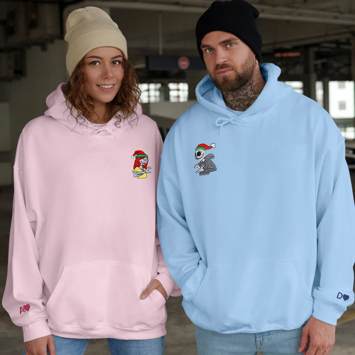Custom Matching Couple Hoodies with Cute Spooky Love Embroidery